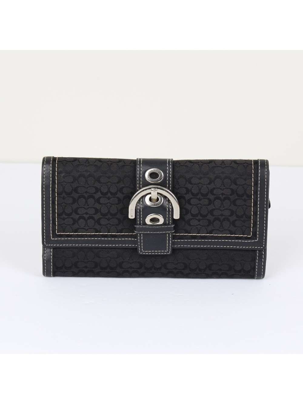Vintage Y2K Coach Soho Black Monogram Canvas Long Wallet Silver Buckle Hardware